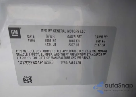 2010 Chevrolet Malibu Lt из США, поврежденный, VIN 1G1ZC5EBXAF162036